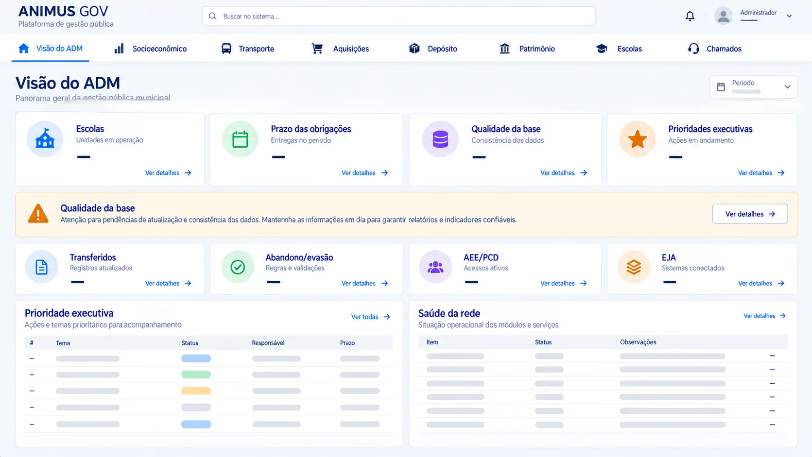 Representação de interface administrativa da plataforma de gestão pública